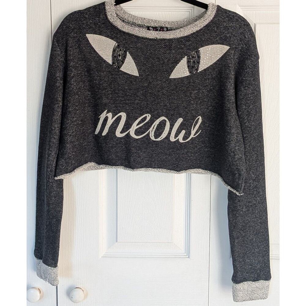 579 Brand Vintage Cat Meow Crop Sweater Women's Size Medium Grey Long Sleeve